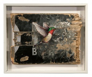 Dan Witz -  <strong>Hummingbird (Skate Deck)</strong> (2017<strong style = 'color:#635a27'></strong>)<bR /> oil and mixed media on canvas,
11 x 13 inches,
(27.9 x 33 cm)
$2,000
