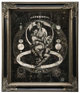 Handiedan -  <strong>Aevitas Noir </strong> (2017<strong style = 'color:#635a27'></strong>)<bR /> digital and hand cut collage, paper layers and found material, pen, matte varnish on dibond panel in ornamental frame,
23.5 inches x 19.75 inches,
(framed: 29.5 x 25.5 inches)
$12,222