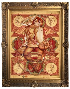 Handiedan -  <strong>Rode Vlinder</strong> (2017<strong style = 'color:#635a27'></strong>)<bR /> digital and hand cut collage, paper layers and found material, pen, matte varnish on wooden panel in ornamental frame,
39.25 x 27.5 inches,
(framed: 48 x 38 inches)