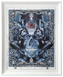 Handiedan -  <strong>Zwarte Vlinder in Blauw (edition 1/1)</strong> (2017<strong style = 'color:#635a27'></strong>)<bR /> burned/baked print on 63 ceramic tiles in ornamental frame,
46 x 25.75 inches,
(framed: 55 x 45.25 inches)