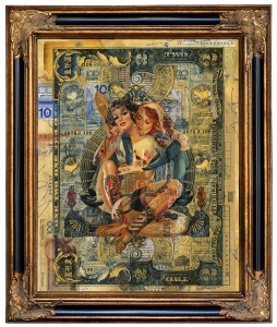 Handiendan -  <strong>United Taste of Miracle</strong> (2011<strong style = 'color:#635a27'></strong>)<bR /> digital and hand cut collage, paper layers and found material, pen, matte varnish on canvas board in ornamental frame,
19.75 x 15.75 inches,
(framed: 25.25 x 21.5 inches)