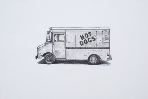 Kevin Cyr -  <strong>Hot Dogs</strong> (2017<strong style = 'color:#635a27'></strong>)<bR /> graphite on paper,
8 x 12 inches,
(framed: 9.25 x 13.25 inches),
$700