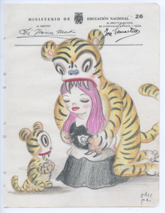 Gary Baseman -  <strong>Ministerio Page 26</strong> (2017<strong style = 'color:#635a27'></strong>)<bR /> colored pencil on ephemera
8.5 x 6.5 inches