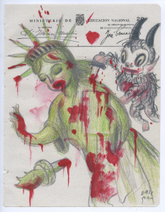 Gary Baseman -  <strong>Ministerio Page 29</strong> (2017<strong style = 'color:#635a27'></strong>)<bR /> acrylic and colored pencil on ephemera
8.5 x 6.5 inches