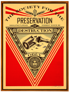 Shepard Fairey -  <strong>Society of Destruction</strong> (2015<strong style = 'color:#635a27'></strong>)<bR /> Edition 3/6
Silkscreen on Wood Panel 
18 x 24 inches