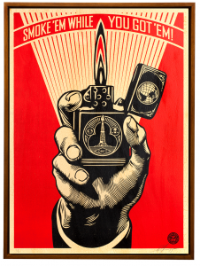 Shepard Fairey -  <strong>Smoke 'em While You Got 'em </strong> (2015<strong style = 'color:#635a27'></strong>)<bR /> Edition 3/6
Silkscreen on Wood Panel 
18 x 24 inches