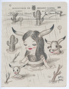 Gary Baseman -  <strong>Ministerio Page 35</strong> (2017<strong style = 'color:#635a27'></strong>)<bR /> colored pencil on ephemera
8.5 x. 6.5 inches