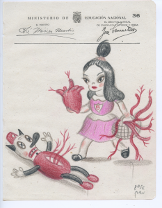Gary Baseman -  <strong>Ministerio Page 36</strong> (2017<strong style = 'color:#635a27'></strong>)<bR /> colored pencil on ephemera
8.5 x 6.5 inches
