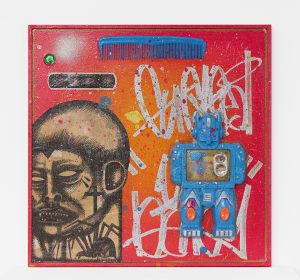 Carlos Ramirez -  <strong>Dollar Store</strong> (2017<strong style = 'color:#635a27'></strong>)<bR /> acrylic, spray paint and mixed media on canvas,
10 x 10 inches,
$1,500