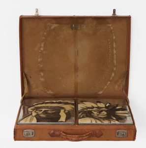 Carlos Ramirez -  <strong>Drunken Mess</strong> (2017<strong style = 'color:#635a27'></strong>)<bR /> Abercrombie & Fitch 1920s era bootleggers case and flasks,
13 x 17 x 3 inches