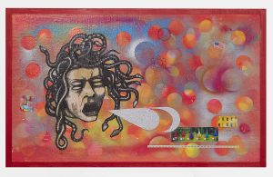 Carlos Ramirez -  <strong>Med U.S.A</strong> (2017<strong style = 'color:#635a27'></strong>)<bR /> acrylic, spray paint and mixed media on wood,
18 x 30 inches
$6,000