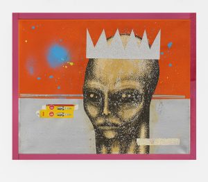 Carlos Ramirez -  <strong>Out of This World</strong> (2017<strong style = 'color:#635a27'></strong>)<bR /> acrylic, spray paint and mixed media on canvas,
16 x 20 inches
$3,500