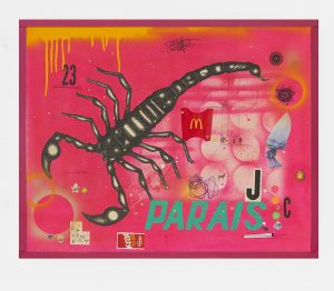 Carlos Ramirez -  <strong>Paradise</strong> (2017<strong style = 'color:#635a27'></strong>)<bR /> acrylic, spray paint and mixed media on canvas,
22 x 28 inches
$7,000
