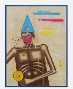 Carlos Ramirez -  <strong>Sad Clowns</strong> (2017<strong style = 'color:#635a27'></strong>)<bR /> acrylic, spray paint and mixed media on canvas,
48 x 36 inches
$15,000