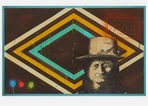 Carlos Ramirez -  <strong>Sitting Bull</strong> (2017<strong style = 'color:#635a27'></strong>)<bR /> acrylic, spray paint and mixed media on canvas, 
48 x 30 inches
$15,000