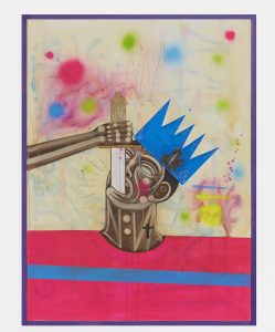 Carlos Ramirez -  <strong>Sword Swallower</strong> (2017<strong style = 'color:#635a27'></strong>)<bR /> acrylic, spray paint and mixed media on canvas, 
48 x 36 inches
$15,000