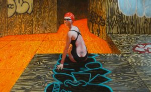 John Jacobsmeyer -  <strong>Hot Swim (detail)</strong> (2018<strong style = 'color:#635a27'></strong>)<bR /> oil on aluminum,
20 x 20 inches