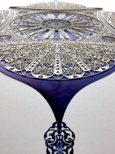 Julia Ibbini -  <strong>Consumed by Hate (I am not) The Four Pillars (detail)</strong> (2017<strong style = 'color:#635a27'></strong>)<bR /> lasercut paper over ink on mylar,
47 x 36.75 inches (framed)
