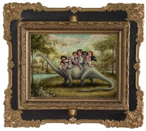 Mab Graves -  <strong>The Brontosaurus Riders</strong> (2017<strong style = 'color:#635a27'></strong>)<bR /> oil on Belgian linen,
18 x 24 inches (framed: 29 x 35 inches)