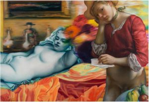 Jamie Adams -  <strong>Blue Marilyn</strong> (2016<strong style = 'color:#635a27'></strong>)<bR /> Oil on linen
47 x 68 inches
2016