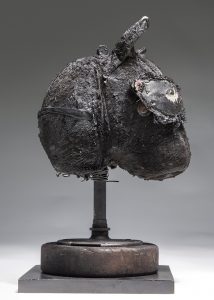 Ronald Gonzalez -  <strong>Sleeping Animal (side)</strong> (2016<strong style = 'color:#635a27'></strong>)<bR /> manipulated found objects, wax, wire, soot, metal filings over welded steel, 	
13 x 7 x 7 inches
$2,250