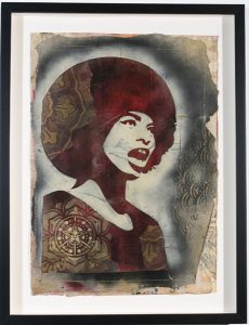 Shepard Fairey -  <strong>Angela Davis Small Stencil</strong> (2007<strong style = 'color:#635a27'></strong>)<bR /> Retired Stencil on collaged paper
15 x 21 inches