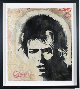 Shepard Fairey -  <strong>David Bowie Stencil</strong> (2007<strong style = 'color:#635a27'></strong>)<bR /> retired stencil on collaged paper
20 x 23 inches