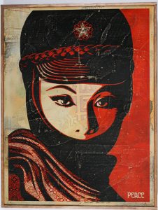 Shepard Fairey -  <strong>Mujer Fatal</strong> (2007<strong style = 'color:#635a27'></strong>)<bR /> hand painted multiple
screened collage on wood
19 x 24 inches