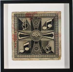 Shepard Fairey -  <strong>HI-FI at 33 1/3</strong> (2007<strong style = 'color:#635a27'></strong>)<bR /> hand painted multiple
silkscreen collage on album cover
12 x 12 inches