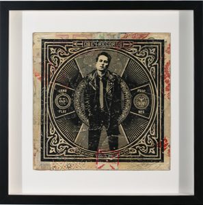 Shepard Fairey -  <strong>Know Your Rights (strummer)</strong> (2007<strong style = 'color:#635a27'></strong>)<bR /> hand painted multiple
silkscreen collage on album cover
12 x 12 inches