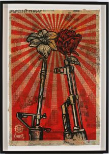 Shepard Fairey -  <strong>M16 vs AK47</strong> (2007<strong style = 'color:#635a27'></strong>)<bR /> hand painted multiple
screened collage on paper
29 x 42 inches