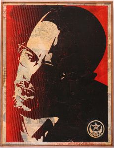 Shepard Fairey -  <strong>Malcolm X HPM</strong> (2007<strong style = 'color:#635a27'></strong>)<bR /> hand painted multiple
screened collage on wood
18 x 24 inches