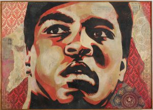 Shepard Fairey -  <strong>Muhamed Ali Canvas</strong> (2007<strong style = 'color:#635a27'></strong>)<bR /> stencil collage on canvas
30 x 42 inches