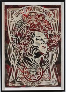 Shepard Fairey -  <strong>Nouveau Girl Stencil</strong> (2007<strong style = 'color:#635a27'></strong>)<bR /> retired stencil on collaged paper
30 x 44 inches