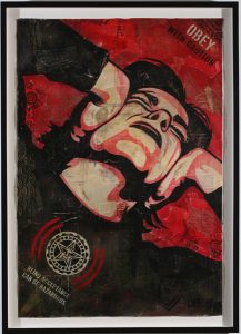 Shepard Fairey -  <strong>Obey with Caution</strong> (2007<strong style = 'color:#635a27'></strong>)<bR /> stencil collage on paper
30 x 44 inches