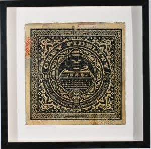 Shepard Fairey -  <strong>OBEY Fidelity</strong> (2007<strong style = 'color:#635a27'></strong>)<bR /> hand painted multiple
silkscreen collage on album cover
12 x 12 inches