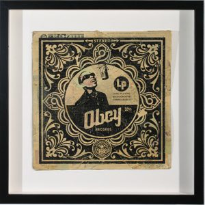 Shepard Fairey -  <strong>OBEY Records Stevie</strong> (2007<strong style = 'color:#635a27'></strong>)<bR /> hand painted multiple
silkscreen collage on album cover
12 x 12 inches