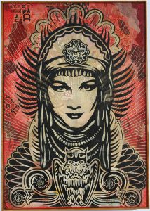 Shepard Fairey -  <strong>Peace Goddess Canvas</strong> (2007<strong style = 'color:#635a27'></strong>)<bR /> stencil collage on canvas
30 x 43 inches