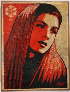Shepard Fairey -  <strong>Peace Mujer</strong> (2007<strong style = 'color:#635a27'></strong>)<bR /> hand painted multiple
screened collage on wood
19 x 24 inches