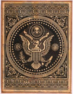 Shepard Fairey -  <strong>Presidential Seal (black)</strong> (2007<strong style = 'color:#635a27'></strong>)<bR /> hand painted multiple
screen on collaged wood
18 x 24 inches