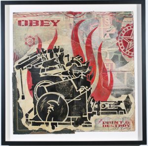 Shepard Fairey -  <strong>Print and Destroy Stencil</strong> (2007<strong style = 'color:#635a27'></strong>)<bR /> retired stencil on collaged paper
25 x 25 inches