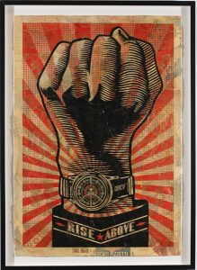 Shepard Fairey -  <strong>Rise Above Fist</strong> (2007<strong style = 'color:#635a27'></strong>)<bR /> hand painted multiple
screened collage on paper
29 x 42 inches