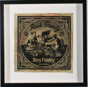 Shepard Fairey -  <strong>Rock Steady</strong> (2007<strong style = 'color:#635a27'></strong>)<bR /> hand painted multiple
silkscreen collage on album cover
12 x 12 inches