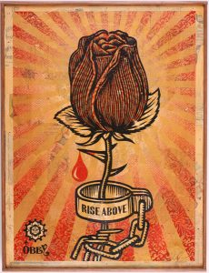 Shepard Fairey -  <strong>Rose Shackle HPM</strong> (2007<strong style = 'color:#635a27'></strong>)<bR /> hand painted multiple
Screened collage on wood
18 x 24 inches