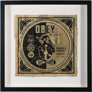 Shepard Fairey -  <strong>Search and Destroy AP</strong> (2007<strong style = 'color:#635a27'></strong>)<bR /> hand painted multiple
silkscreen collage on album cover
12 x 12 inches