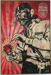 Shepard Fairey -  <strong>Toxic Dept</strong> (2007<strong style = 'color:#635a27'></strong>)<bR /> Stencil collage on canvas
30 x 43 inches