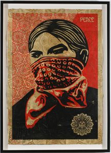 Shepard Fairey -  <strong>Zapatista Woman</strong> (2007<strong style = 'color:#635a27'></strong>)<bR /> hand painted multiple
screened collage on paper
29 x 42 inches
