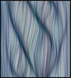 Kai & Sunny -  <strong>Curved by Tension</strong> (2018<strong style = 'color:#635a27'></strong>)<bR /> acrylic on 32mm aluminium panel and framed in black stained oak,
44.5 x 48.4 inches (framed)
$9,500