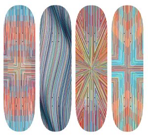 Kai & Sunny x Element -  <strong>Set of 4 Skate Decks</strong> (2018<strong style = 'color:#635a27'></strong>)<bR /> 8 color silkscreen on Featherlight 3 dyed veneer skate deck,
8.25 inches wide each, 
edition of 75 each