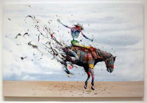 Brusk -  <strong>Once Upon a Time in the West</strong> (2018<strong style = 'color:#635a27'></strong>)<bR /> aerosol paint and gouached felt on canvas,	
48 x 72 inches